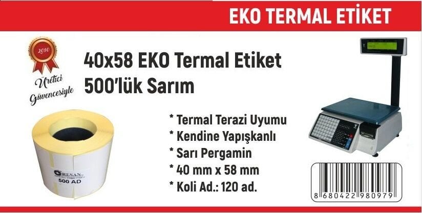 40x58 Eko Termal Etiket 500'lü 120 Adet 1 Koli | Resan
