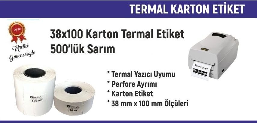 38x100 Karton Termal Etiket 500'lü Sarım 60 Adet 1 Koli | Resan