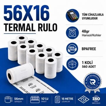 56X16 Termal Rulo 16 Metre Resan 560 Adet 1 Koli