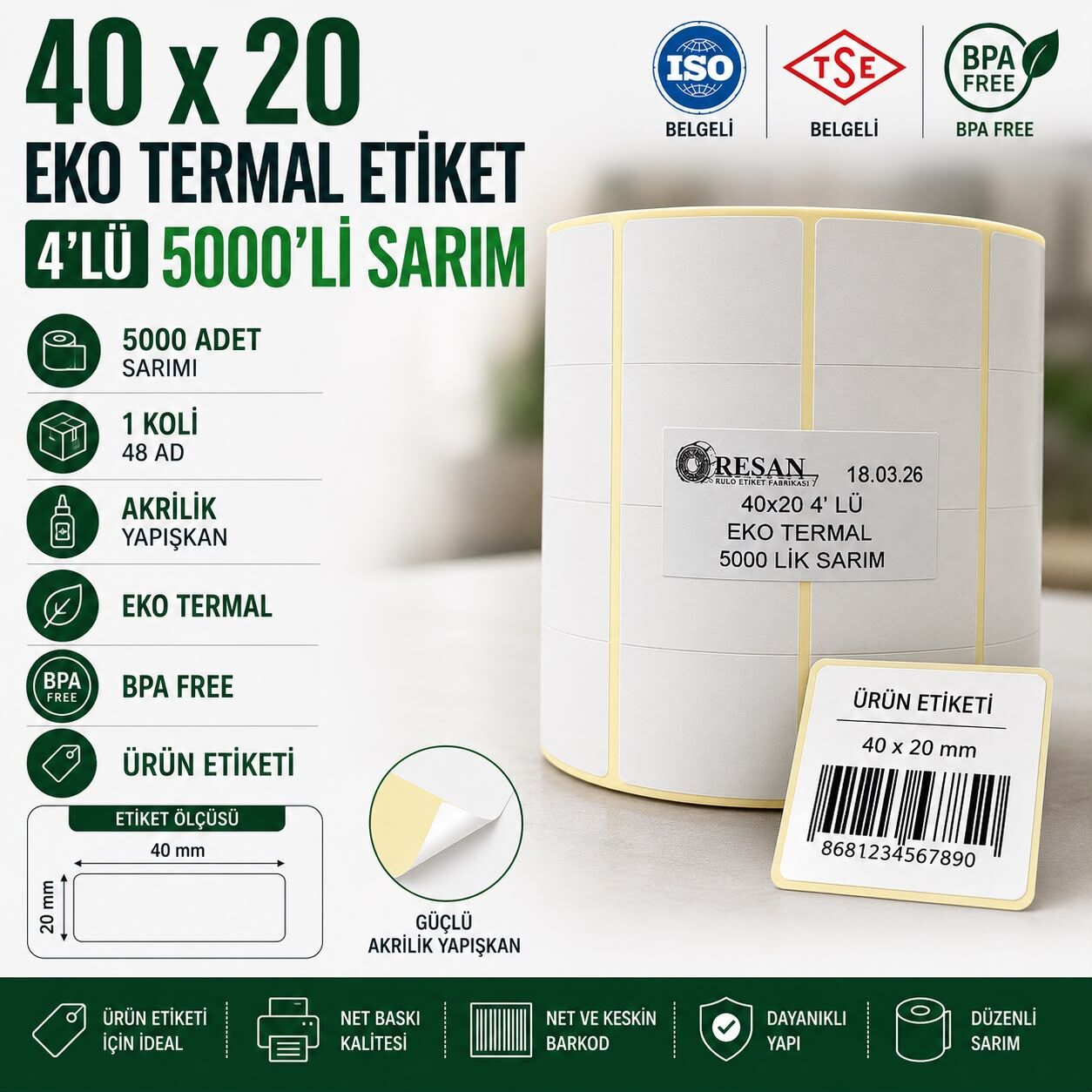 40x20 Eko Termal Etiket 4'lü 5000'lik Sarım 45 Adet 1 Koli |  Resan
