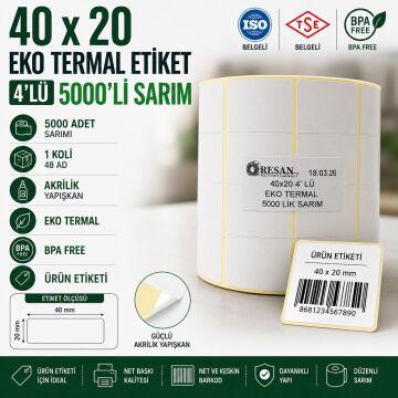 40x20 Eko Termal Etiket 4'lü 5000'lik Sarım 45 Adet 1 Koli |  Resan