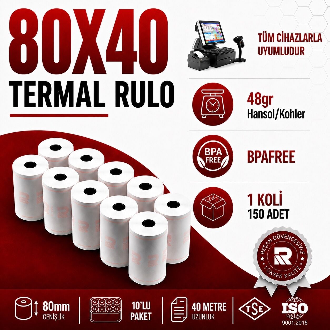 80X40 Termal Rulo 40 Metre 150 Adet 1 Koli | Resan