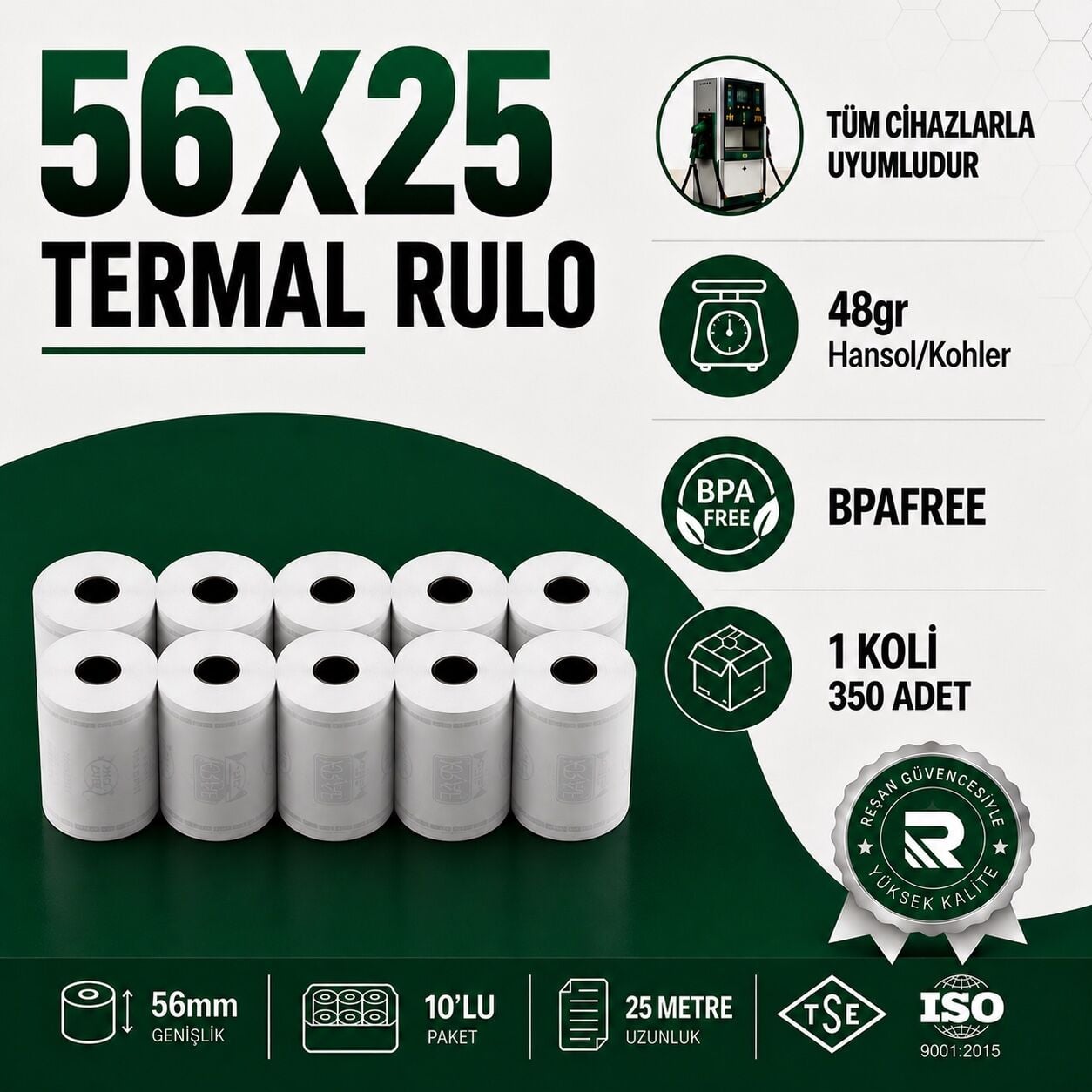 56x25 Termal Rulo 25 Metre 350 Adet 1 Koli | Resan