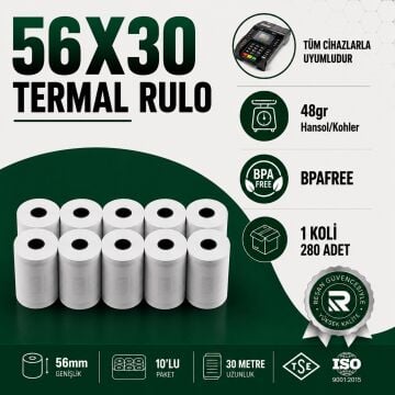 56x30 Termal Rulo 30 Metre 280  Adet 1 Koli | Resan