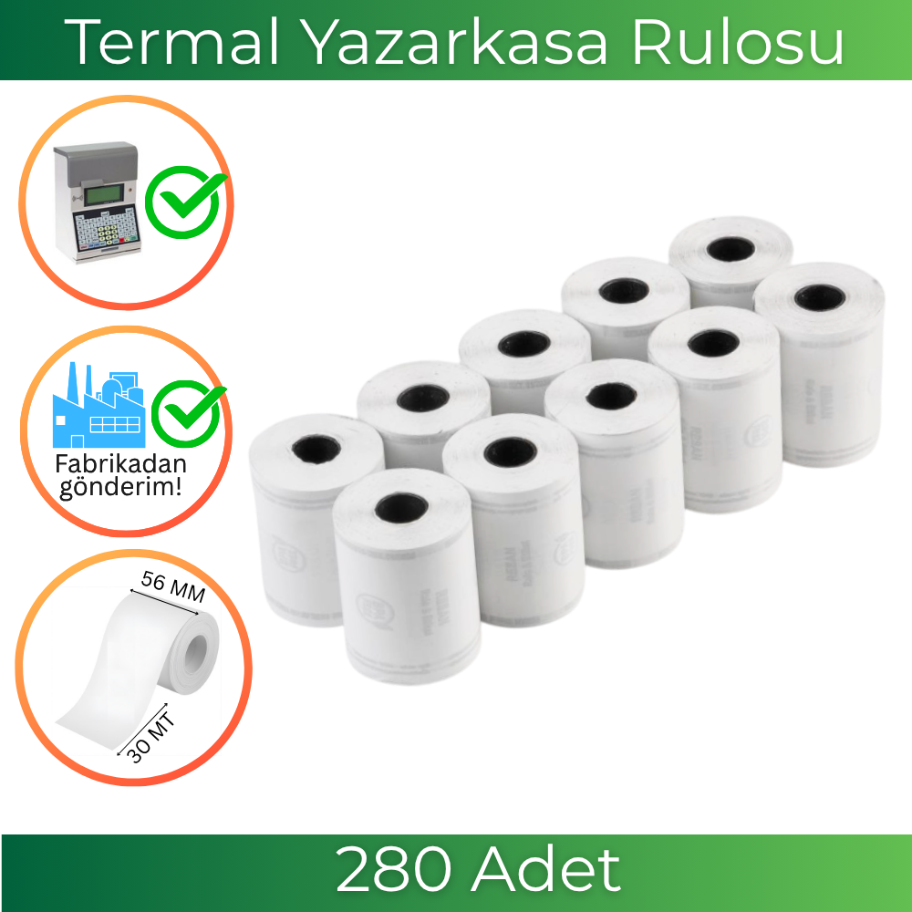 56x30 Termal Rulo 30 Metre 280  Adet 1 Koli | Resan