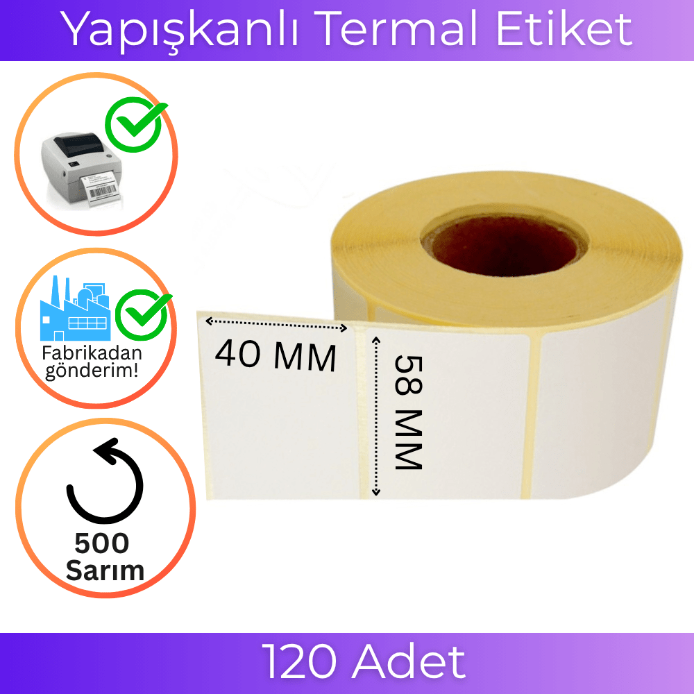 40x58 Eko Termal Etiket 500'lü  120 Adet 1 Koli | Resan