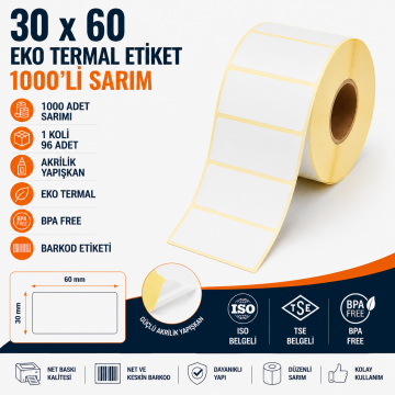 30x60 Eko Termal Etiket 1000'lik Sarım 96 Adet 1 Koli  | Resan
