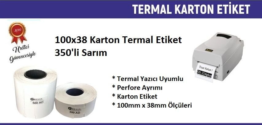 100x38 Karton Termal Etiket 350'li Sarım 90  Adet 1 Koli | Resan