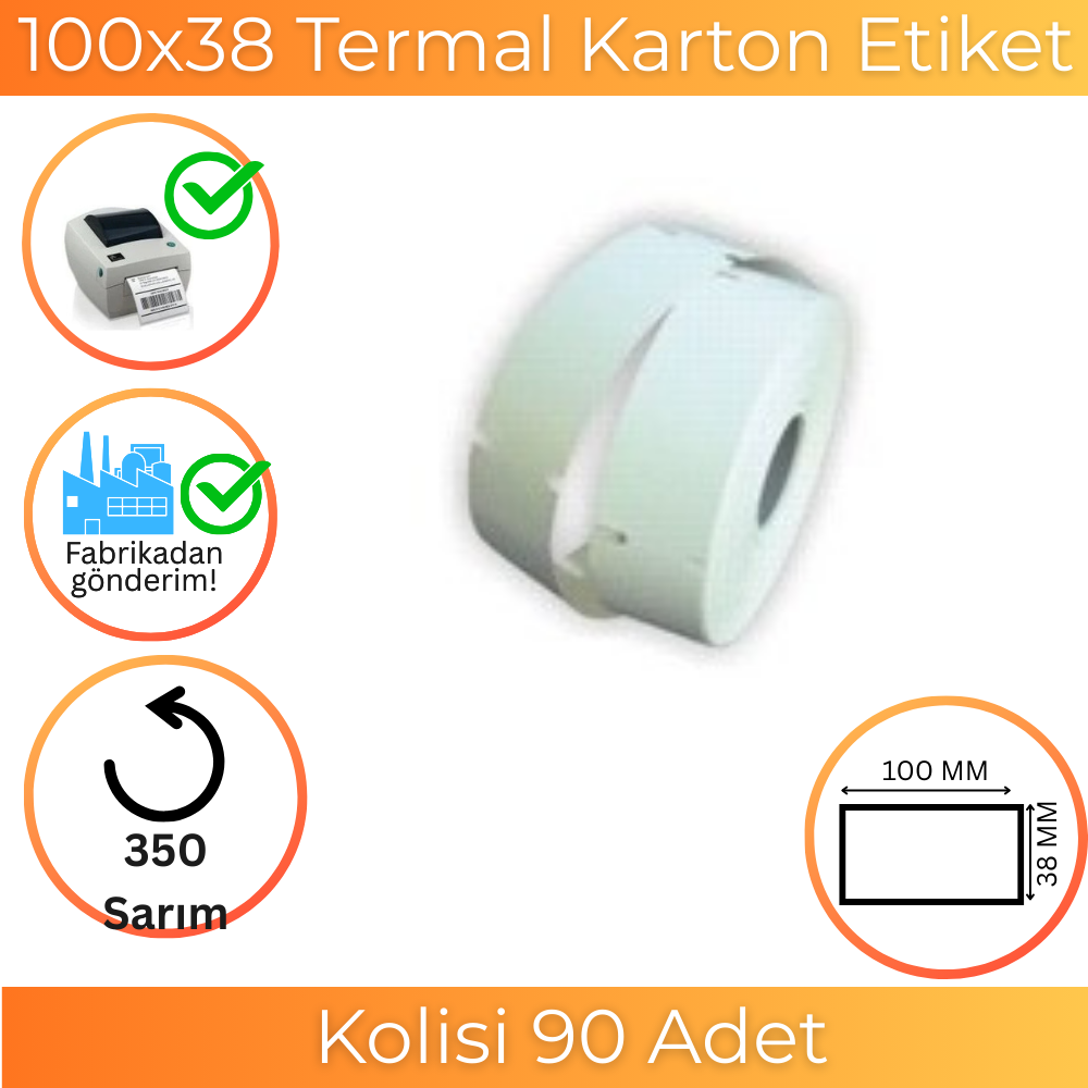 100x38 Karton Termal Etiket 350'li Sarım 90 Adet 1 Koli | Resan