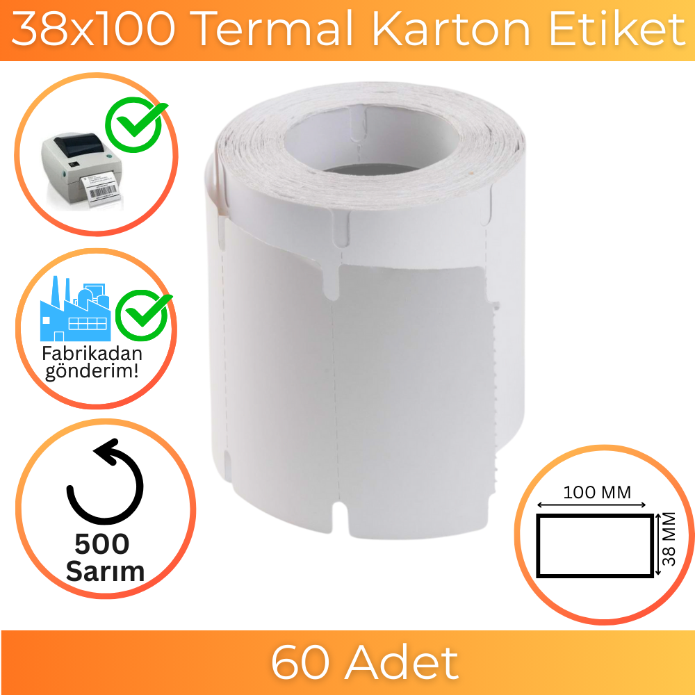 38x100 Karton Termal Etiket 500'lü Sarım 80  Adet 1 Koli | Resan
