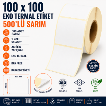 100x100 Eko Termal Etiket 500'lü Sarım  36 Adet 1 Koli | Resan