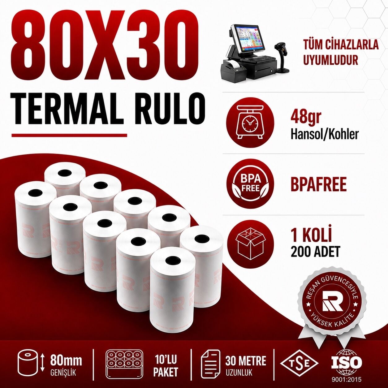 80X30 Termal Rulo 30 Metre 200 Adet 1 Koli | Resan