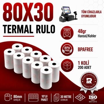 80X30 Termal Rulo 30 Metre 200 Adet 1 Koli | Resan