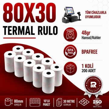 80X30 Termal Rulo 30 Metre 200 Adet 1 Koli | Resan