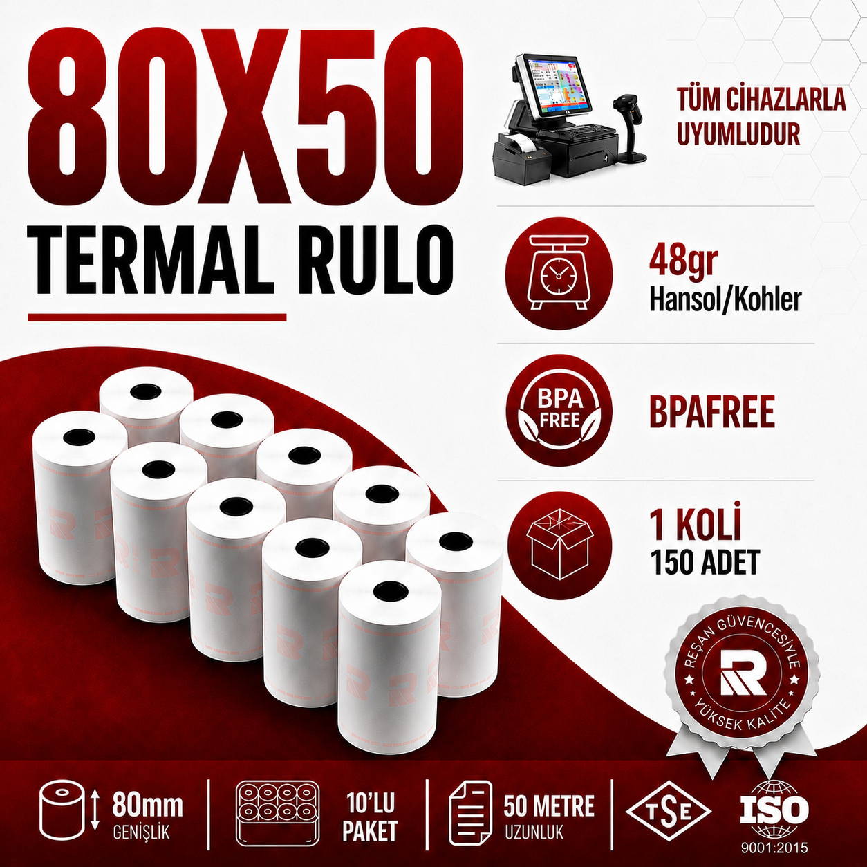 80X50 Termal Rulo 50 MT  150 Adet 1 Koli | Resan