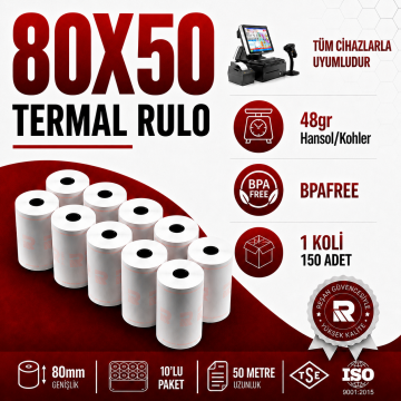 80X50 Termal Rulo 50 MT  150 Adet 1 Koli | Resan