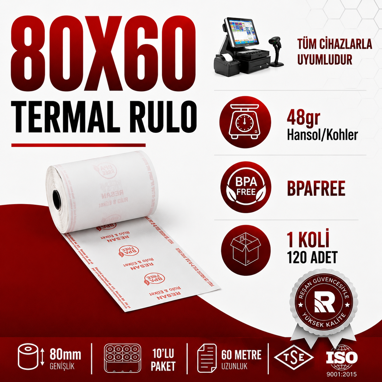 80X60 Termal Rulo 60 MT 120 Adet 1 Koli | Resan