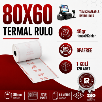 80X60 Termal Rulo 60 MT 120 Adet 1 Koli | Resan