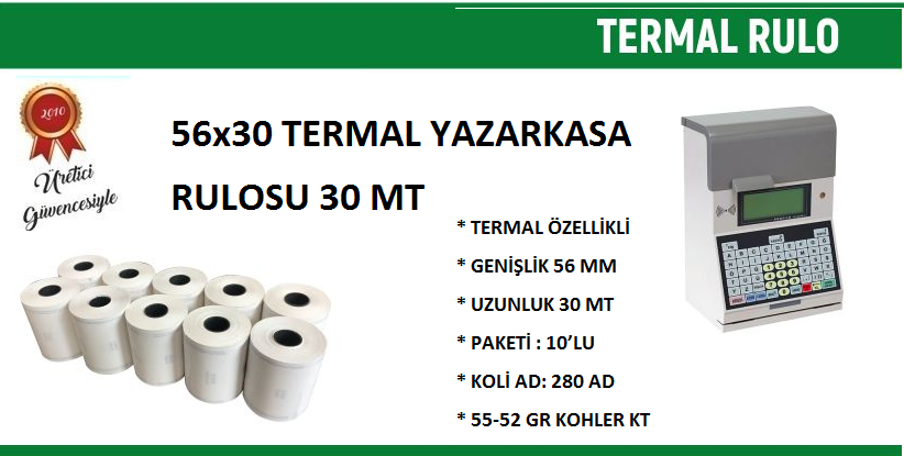 56x30 Termal Rulo 30 Metre 100 Adet | Resan