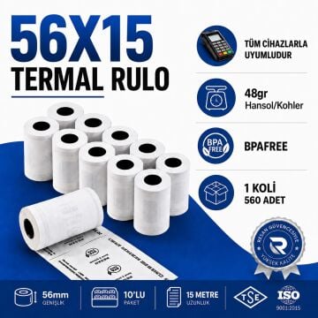 56X15 Termal Rulo 15 Metre 560 Adet 1 Koli