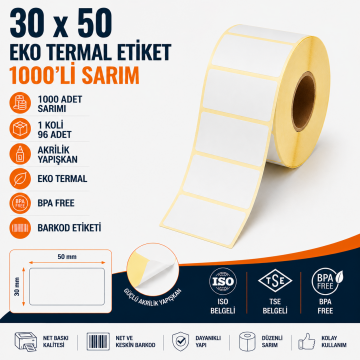 30x50 Eko Termal Etiket 1000'lik Sarım 100 Adet 1 Koli  | Resan