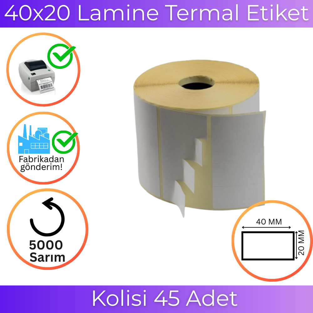 40x20 Lamine Termal Etiket 4'lü 5000'lik Sarım | Resan