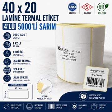 40x20 Lamine Termal Etiket 4'lü 5000'lik Sarım | Resan