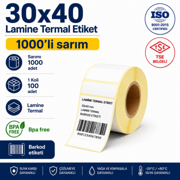 30x40 Lamine Termal Etiket 1000 Sarım 100 Adet 1Koli | Resan